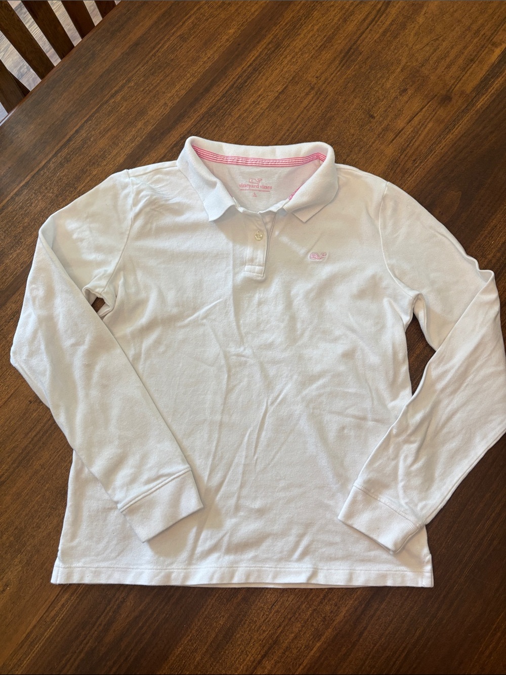Vineyard Vines White Long-Sleeve Polo with Pink Trim - Kids large